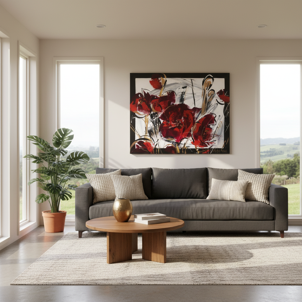 Large abstract floral painting Poppies by Marie Kjestrup Evans displayed in a contemporary home interior setting.
