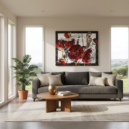 Large abstract floral painting Poppies by Marie Kjestrup Evans displayed in a contemporary home interior setting.
