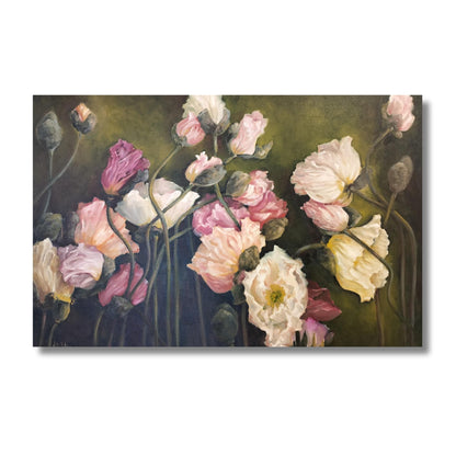 Oil painting of pink and white poppies on moody background by Nola Weber
