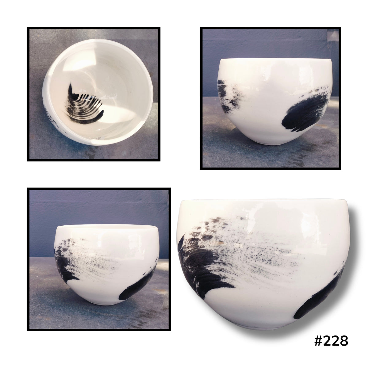 Lyn Rigg’s porcelain bowl #228, with bold black markings on a creamy white body and a feather-like motif inside, shown from above and several side angles.
