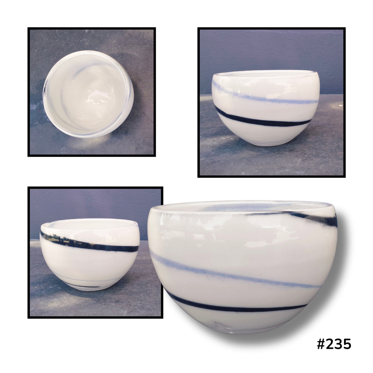 Lyn Rigg’s porcelain bowl #235, with a rounded creamy white body, fine grey lines and bold black agateware bands, shown from above and several side angles.
