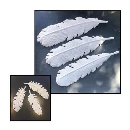 Three large white porcelain feathers by Lyn Rigg, showing their fine carved barbs and tapered forms against a dark background.
