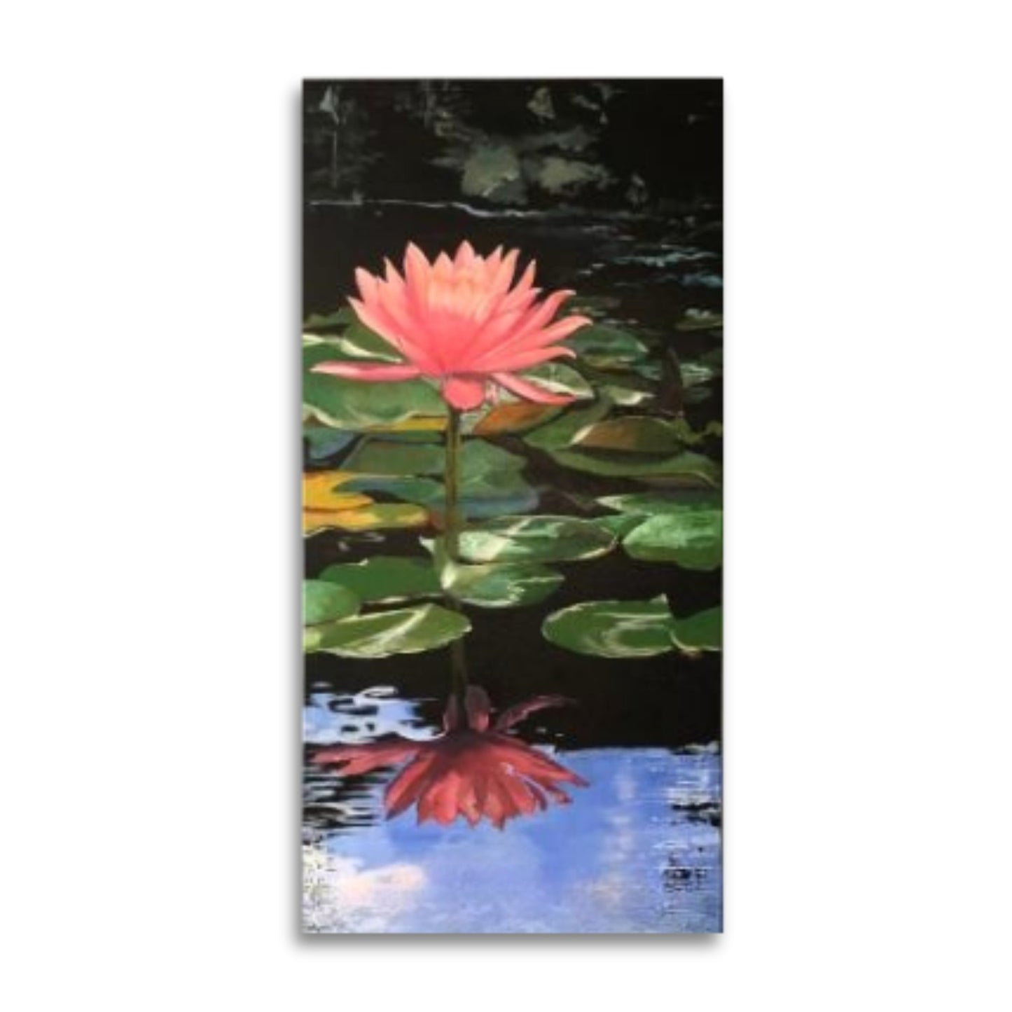 Pink waterlily painting evoking serenity and reflection through gentle brushwork and watery detail. Portrait orientation.