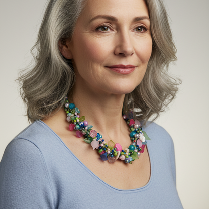 Professional jewelry photography of woman wearing Judith Bradley beaded necklace #B