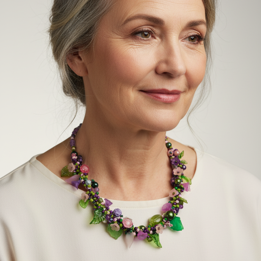 Professional jewelry photography of woman wearing Judith Bradley beaded necklace