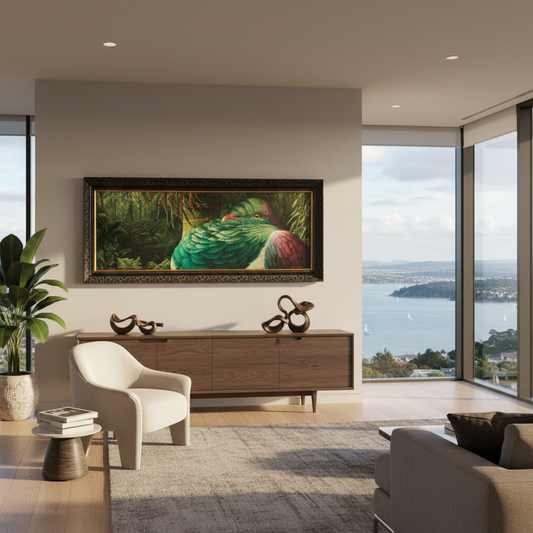 Pukutere kererū painting by New Zealand artist Phill Dunn, in luxury Auckland home