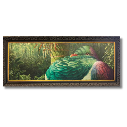 Large framed oil painting of kererū wood pigeon with iridescent green and pink plumage in native New Zealand forest setting