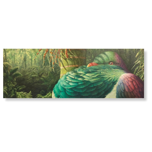 Close-up of Pukutere painting showing detailed brushwork of kererū feathers and lush forest background