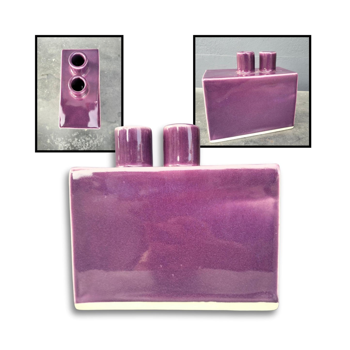 Glossy purple rectangular ceramic vase with two offset round protrusions on the top surface, handcrafted by Greg Melville.