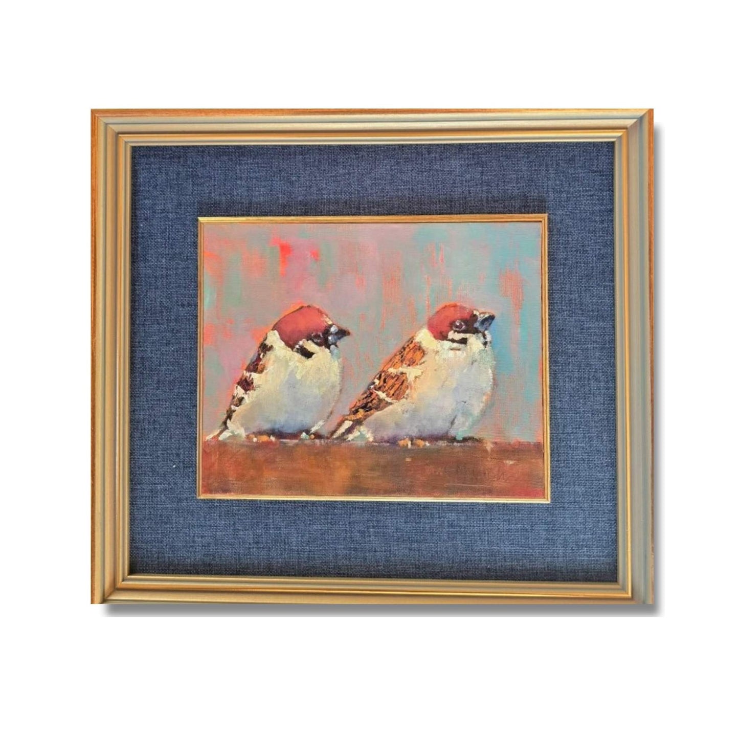 A Quiet Chat, original oil on canvas by Jane McIntosh, two sparrows with rust-red caps on a ledge against a pink and teal background, gold frame
