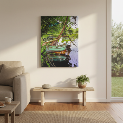 Vanessa Owens Quiet Reflections bird painting hung in a relaxed natural New Zealand home interior, Red Peach Gallery Napier
