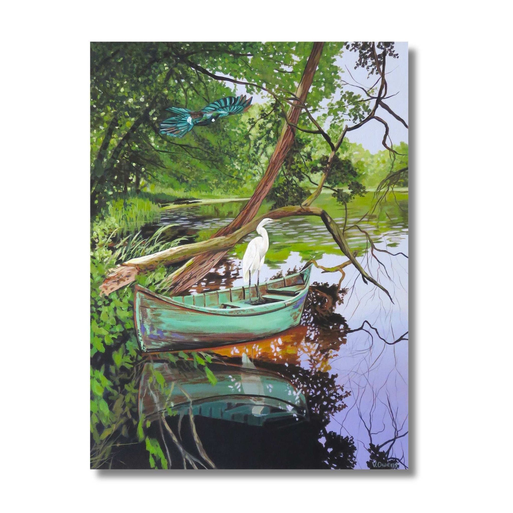 Acrylic painting of a white heron in a teal dinghy with a kotare flying overhead on a lush NZ river by Vanessa Owens, unframed canvas
