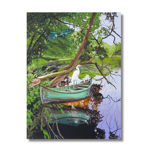 Acrylic painting of a white heron in a teal dinghy with a kotare flying overhead on a lush NZ river by Vanessa Owens, unframed canvas
