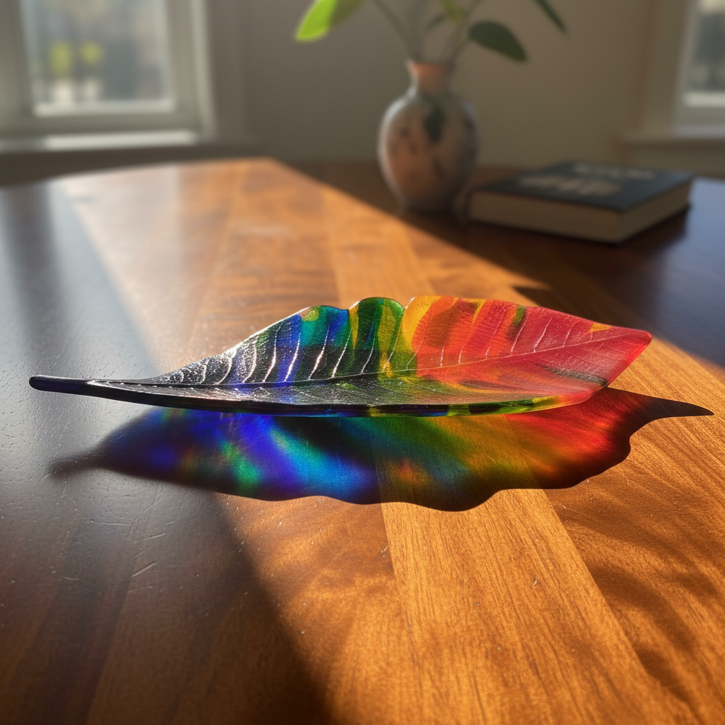 Rainbow glass leaf flat on table with shadow