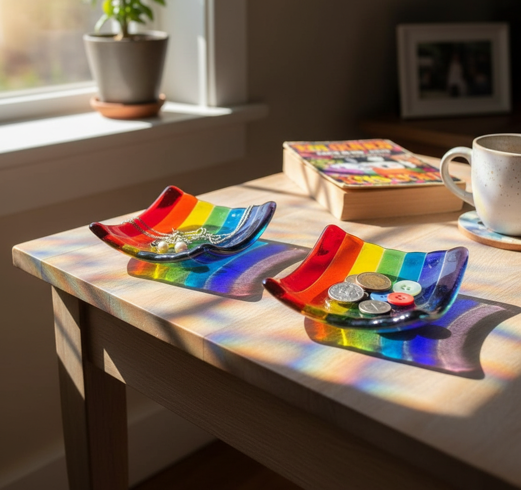 Rainbow stripe glass trinket dishes with light reflections