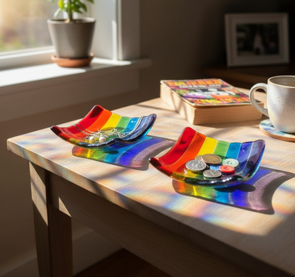 Rainbow stripe glass trinket dishes with light reflections