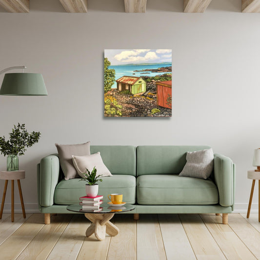Rangitoto by John Staniford – framed artwork mockup featuring an acrylic New Zealand coastal painting in a styled interior