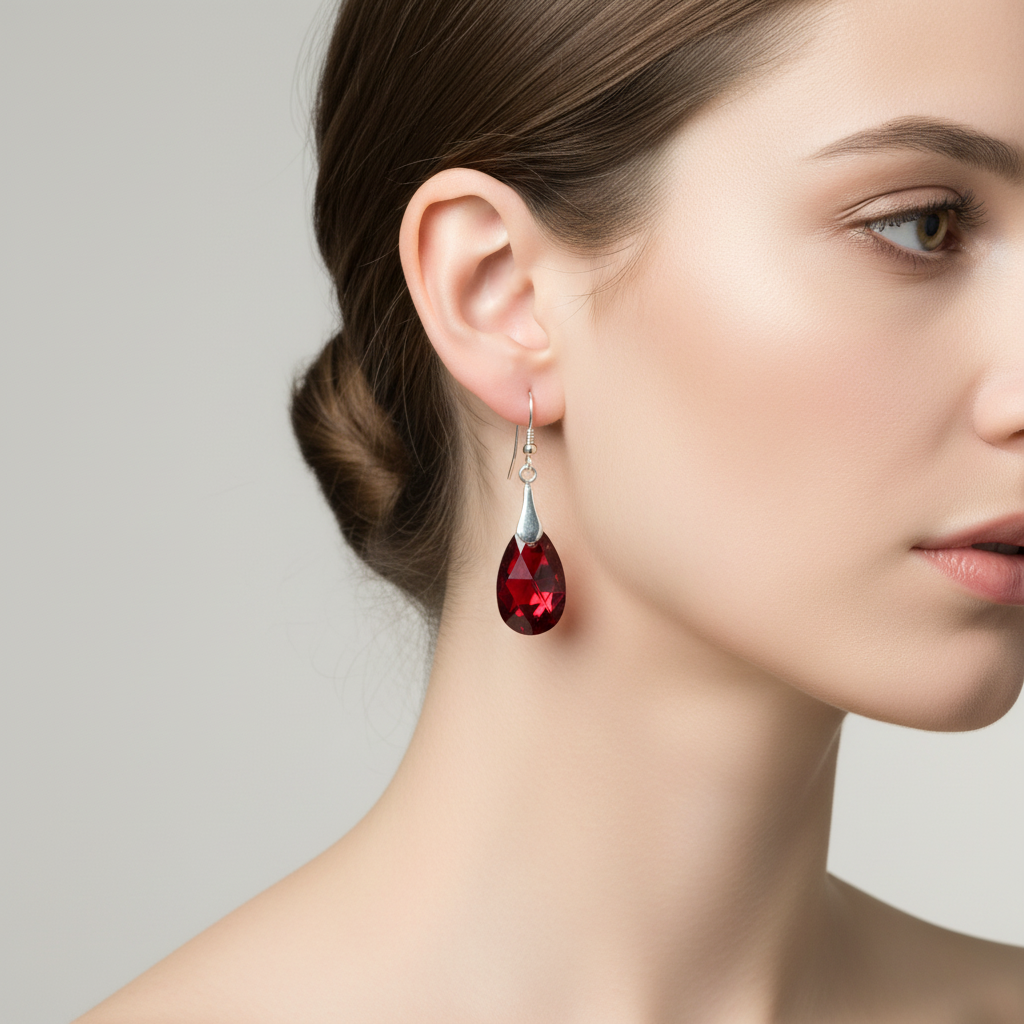 Red Austrian crystal earrings on model product shot