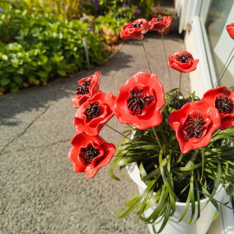 Red ceramic poppy stems by Teresa Corbishley displayed in a pot at Red Peach Gallery, Napier

