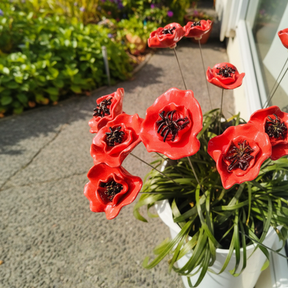 Red ceramic poppy stems by Teresa Corbishley displayed in a pot at Red Peach Gallery, Napier
