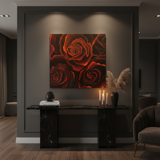 Red Rose painting in a stylized monochromatic living room, painting by artist Bari Duncan