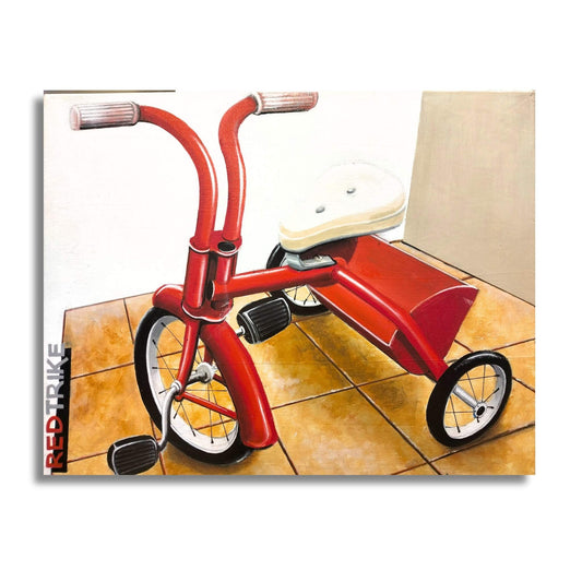 Acrylic painting by David Jung of a Red tricycle on a tiled floor with 'Red Trike' branding 