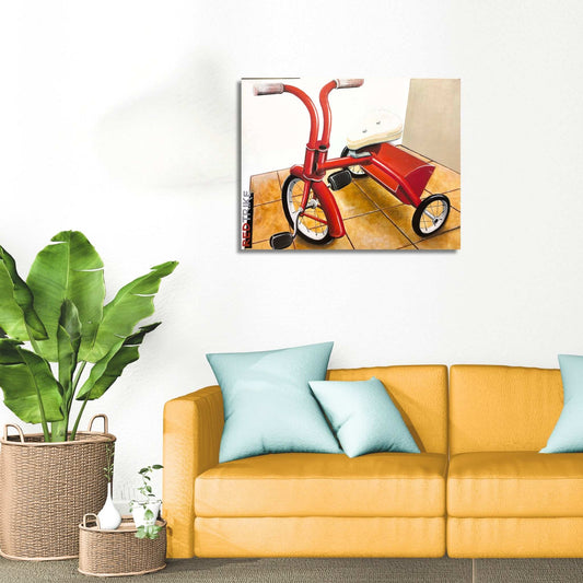 Living room with yellow sofa, blue pillows, and a Red Trike painting by David Jung – nostalgic childhood artwork.