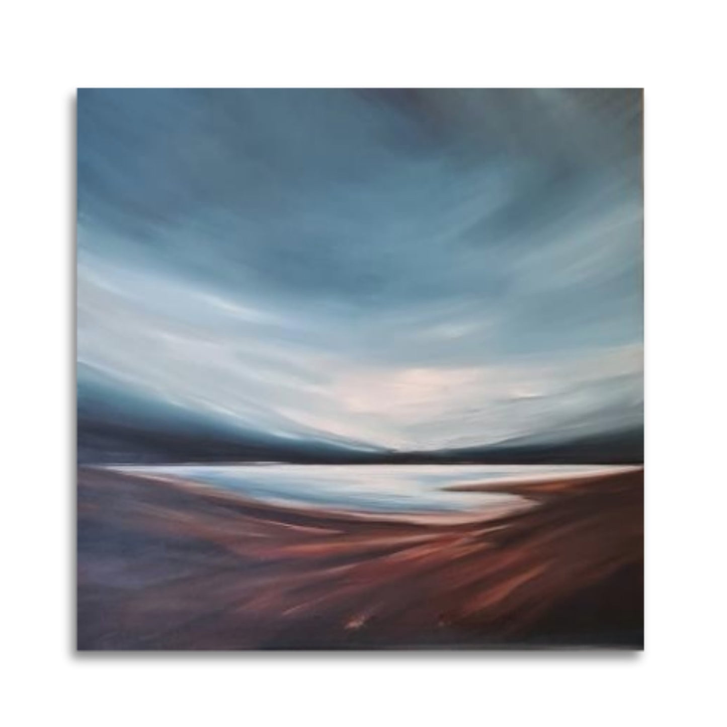 Tut Blumental painting ‘Relaxing at the Beach’ – abstract coastal landscape in browns and pale blues on square canvas.