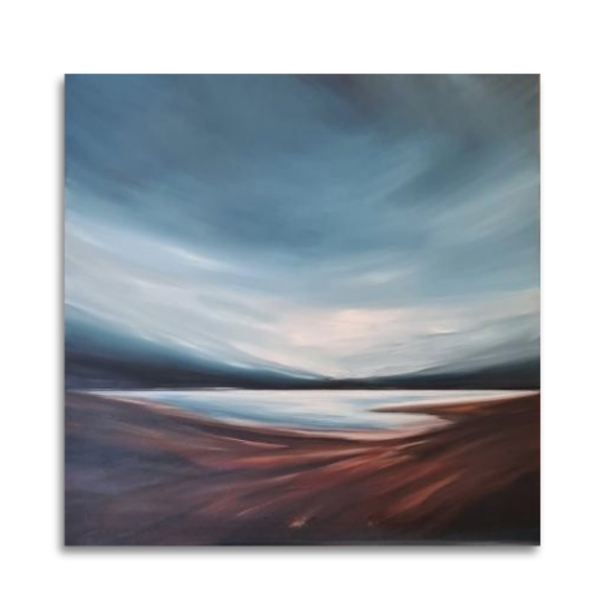 Tut Blumental painting ‘Relaxing at the Beach’ – abstract coastal landscape in browns and pale blues on square canvas.
