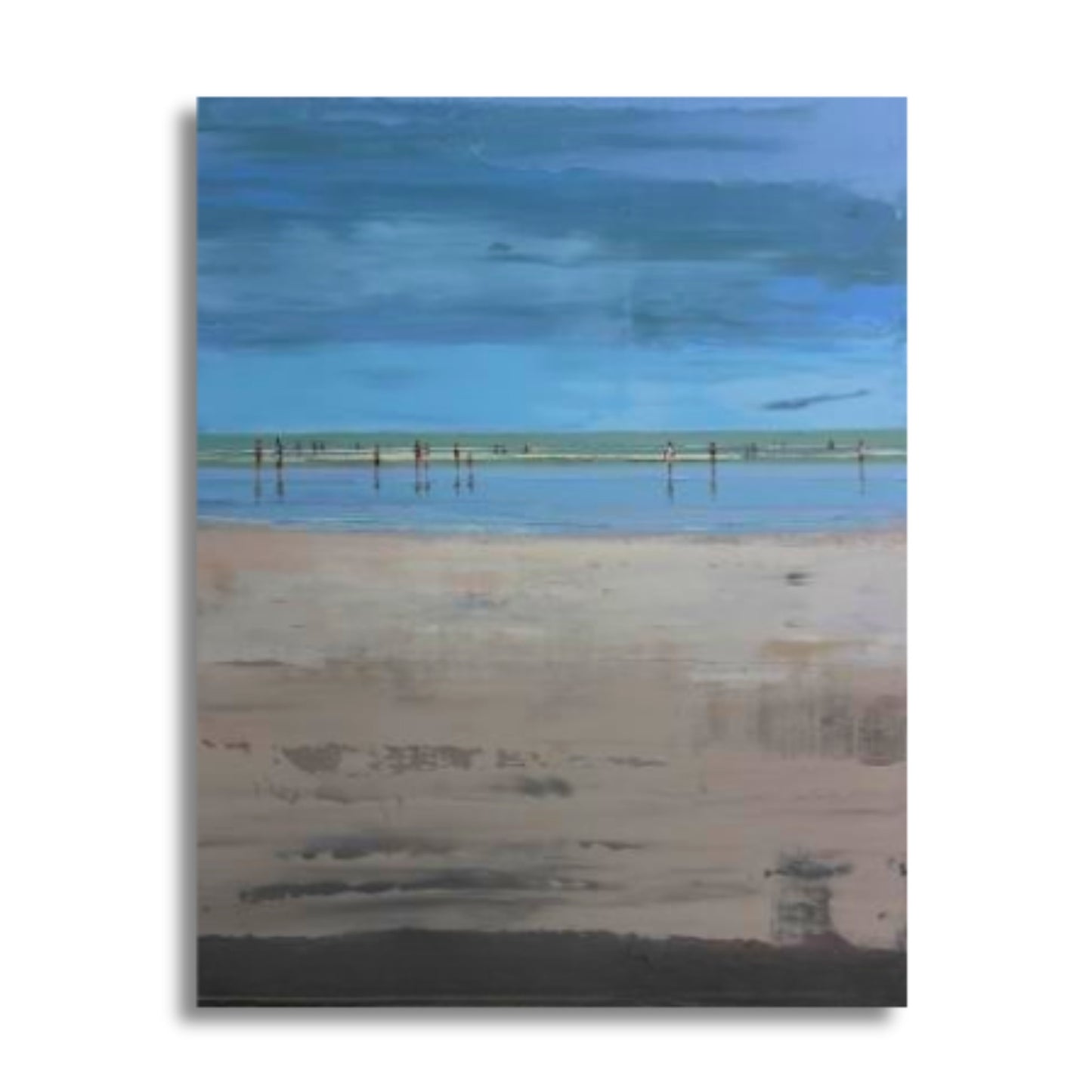 Nicholas Hayter painting of people standing in shallow coastal water on white background