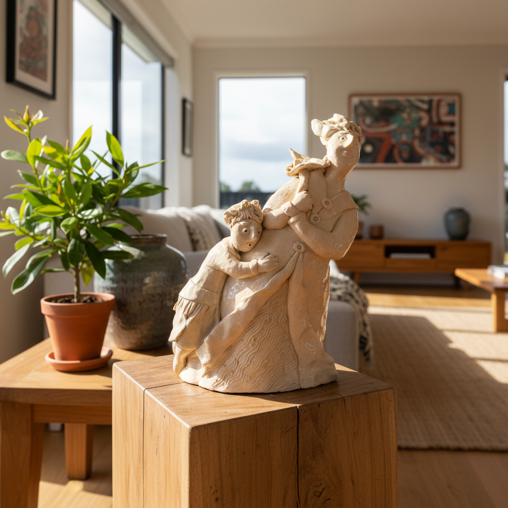 Resilience by Mandy Olson displayed in a contemporary NZ home interior, expressive clay sculpture of a mother and child in the wind
