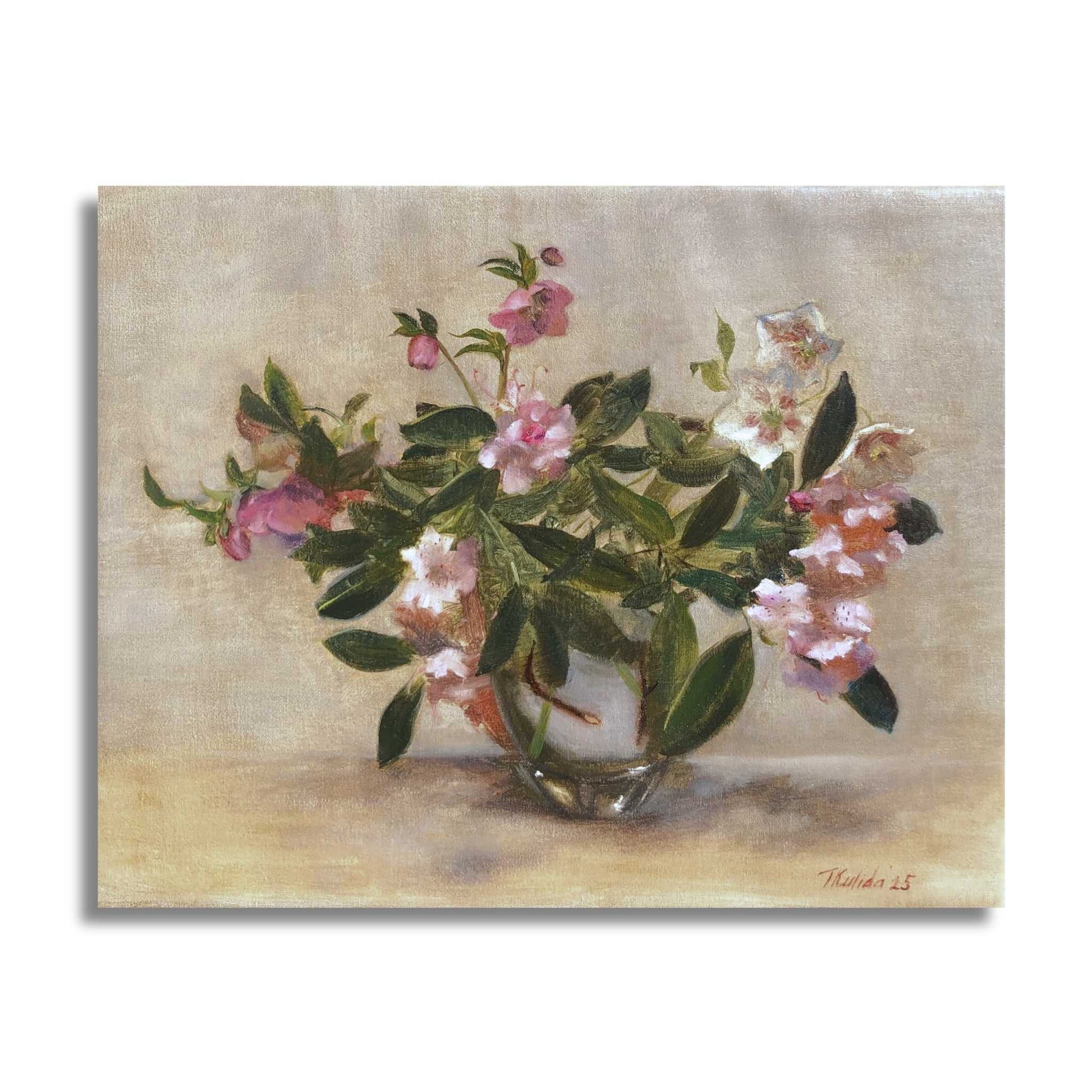 Rhododendron with Hellebores - classical oil painting by Tatyana Kulida showing pink rhododendron and white hellebore flowers with green leaves in glass vase against luminous golden-beige background, 50 x 40cm