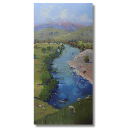Stunning vertical river landscape painting by Nicholas Hayter. Oil on board, 63cm x 123cm, framed in white. Original NZ art featuring the Tukituki River.
