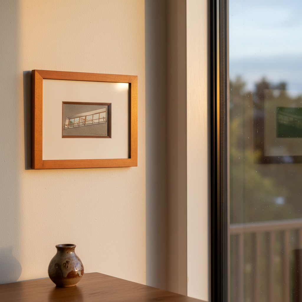 Room with a View by David Jung displayed in a contemporary NZ home interior, small framed watercolour architectural painting
