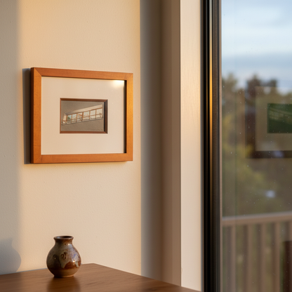 Room with a View by David Jung displayed in a contemporary NZ home interior, small framed watercolour architectural painting
