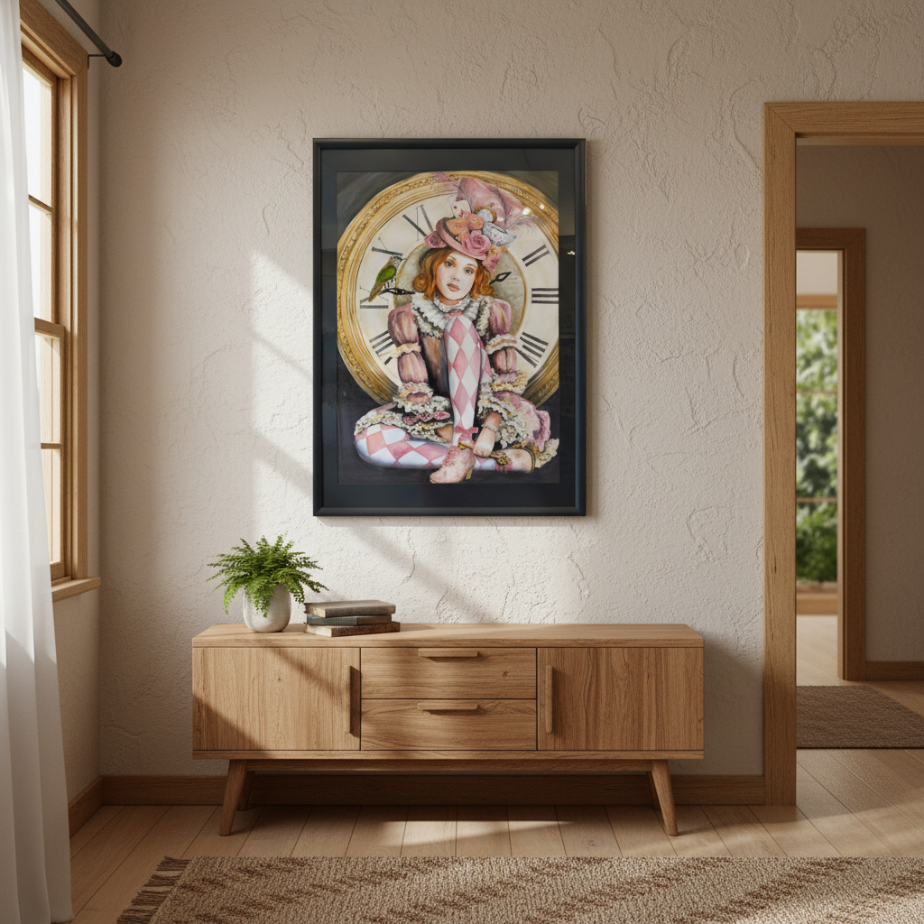 Running Like Clockwork painting of Alice in wonderland, in the home setting by artist Mari Moore 