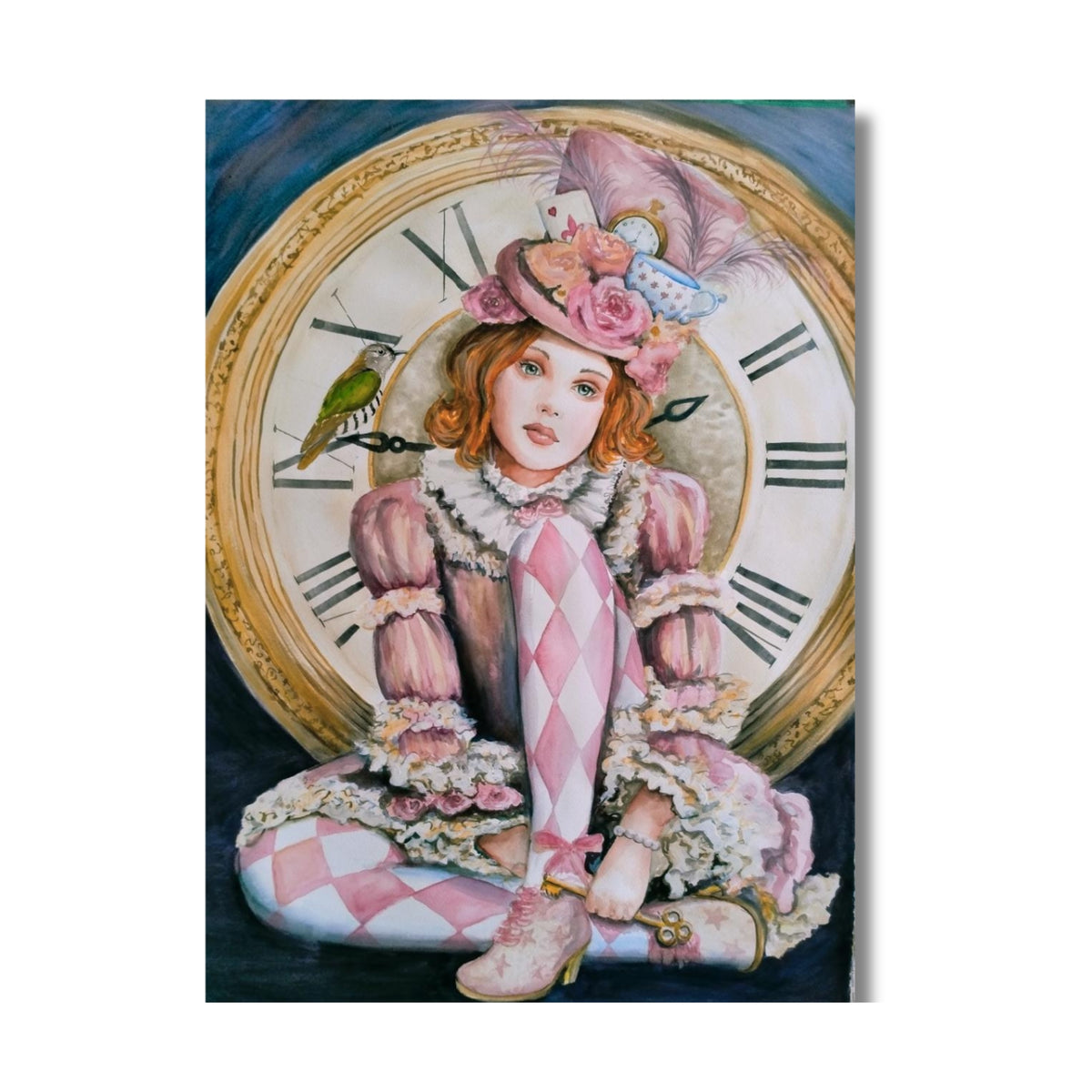 A vertical painting  depicting a whimsical illustration of Alice in Wonderland, in a pink and white harlequin dress, seated in front of a giant clock face. She wears a pink floral hat with feathers and a small bird perched on it.