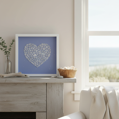 Sea glass heart artwork close-up in coastal home