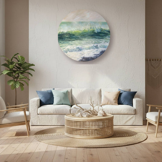 Sea Magic round ocean wave painting by Bari Duncan displayed in serene coastal interior, showing luminous turquoise and green waves bringing peaceful energy to modern home