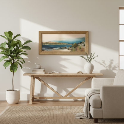 Seatoun coastal painting with gold frame lifestyle mockup