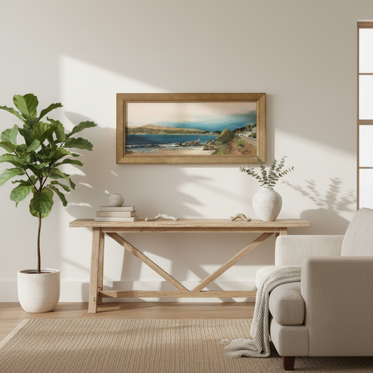 Seatoun coastal painting with gold frame lifestyle mockup