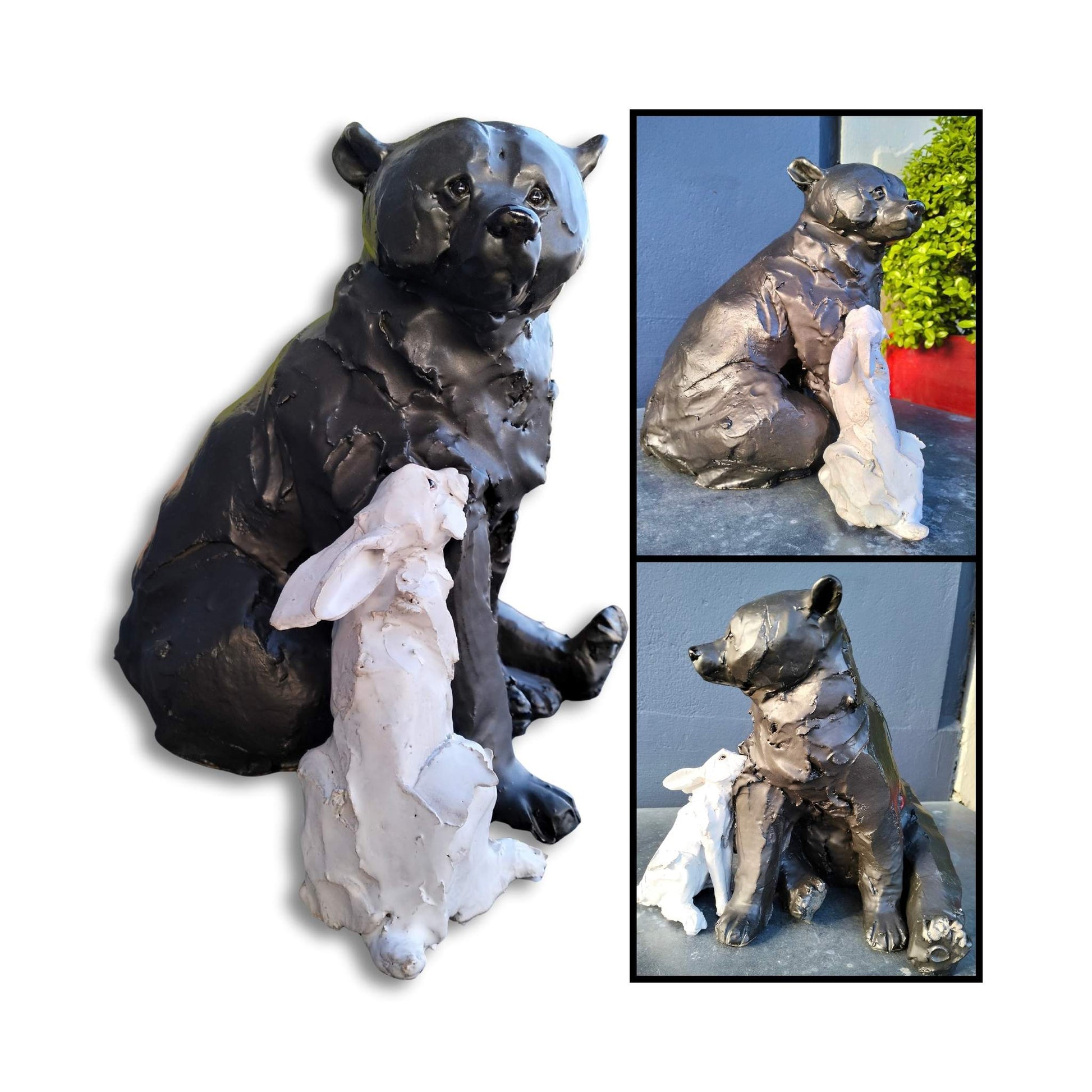 Three different views of hand-sculpted ceramic bear and rabbit titled "Secret Crush" by Kylie Matheson – a tender moment captured in clay