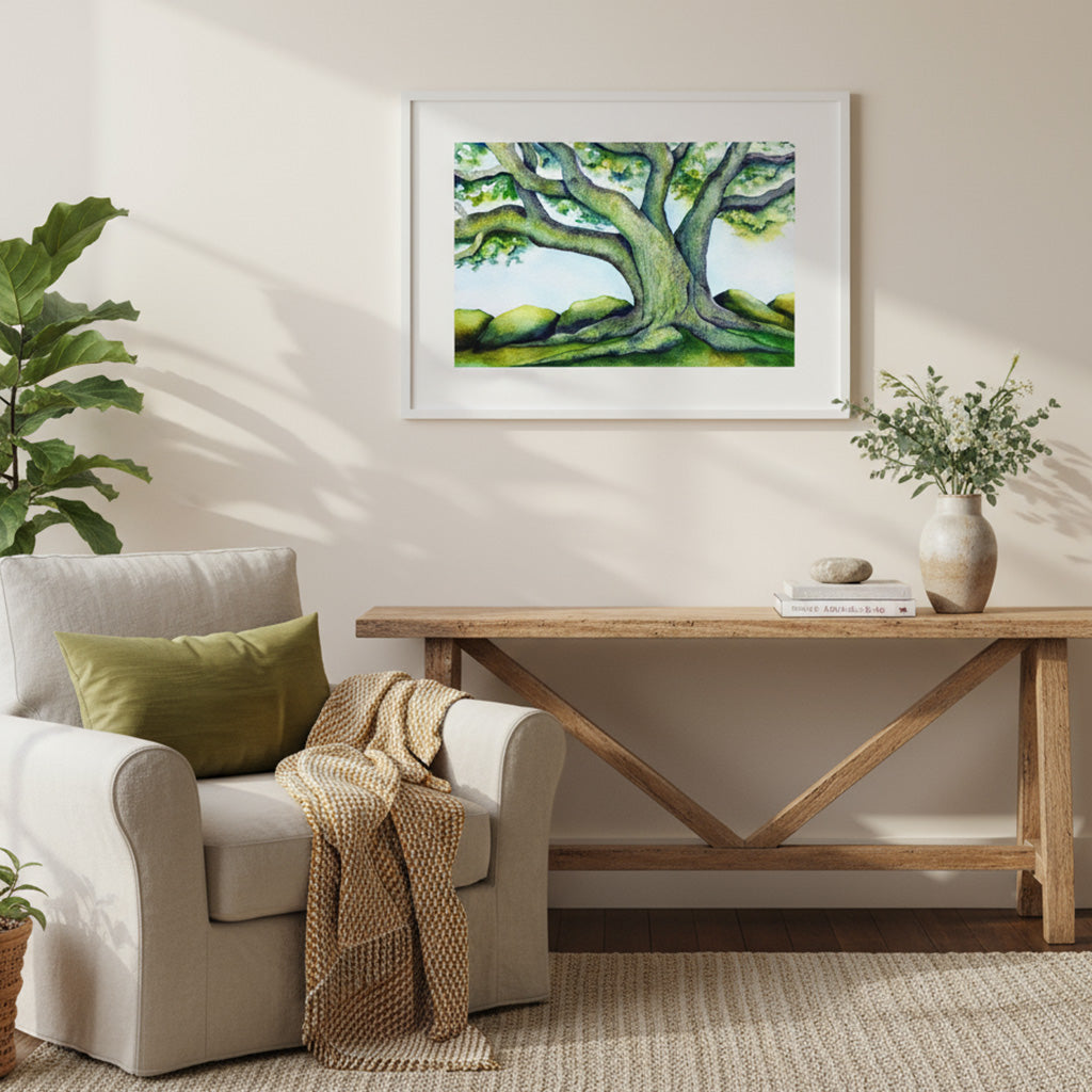Sentinel watercolor painting by Raewyn Harris displayed in warm, lived-in home setting with natural styling elements including plants and casual decor on console table