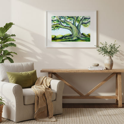 Sentinel watercolor painting by Raewyn Harris displayed in warm, lived-in home setting with natural styling elements including plants and casual decor on console table