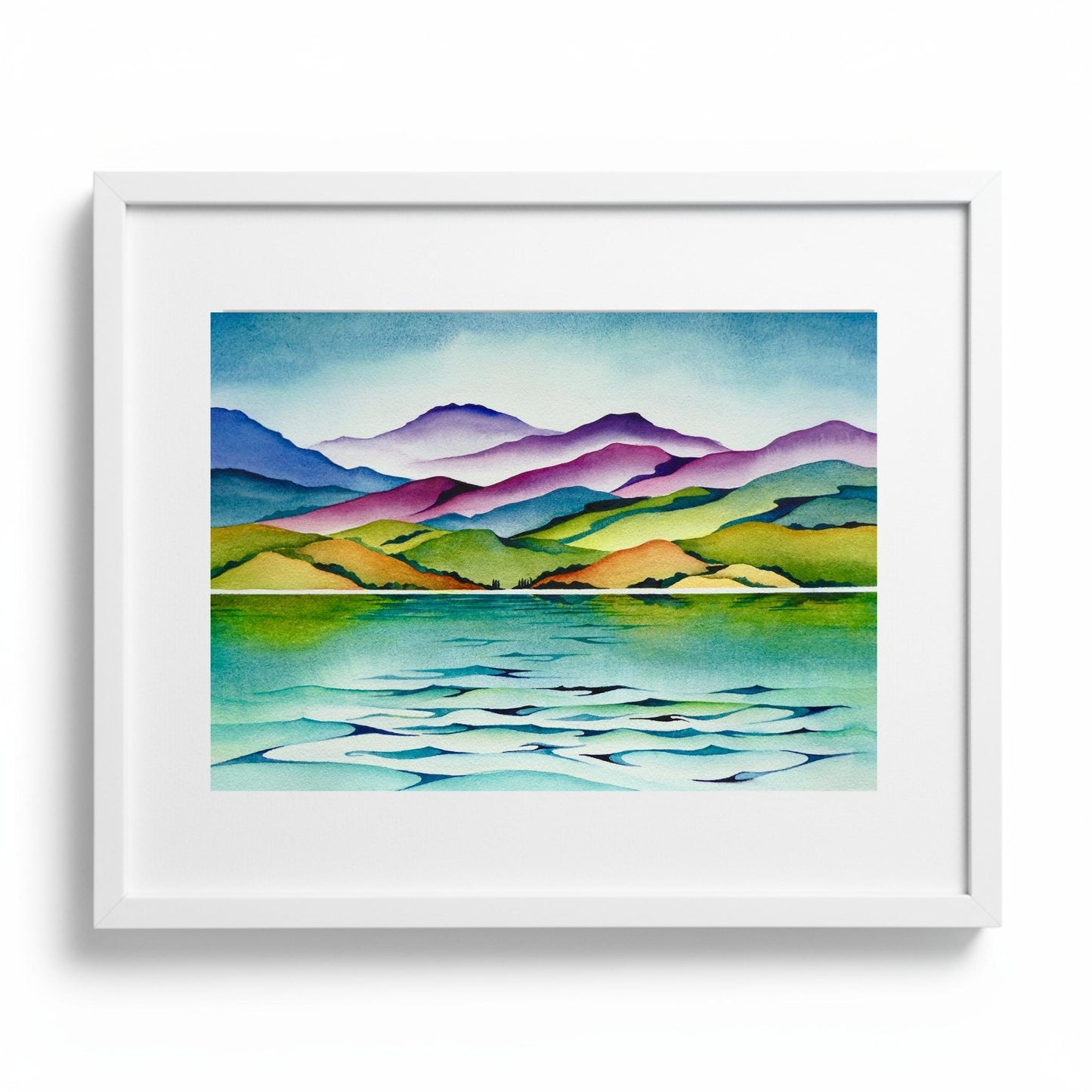 Watercolour painting by Raewyn Harris of hills and water
