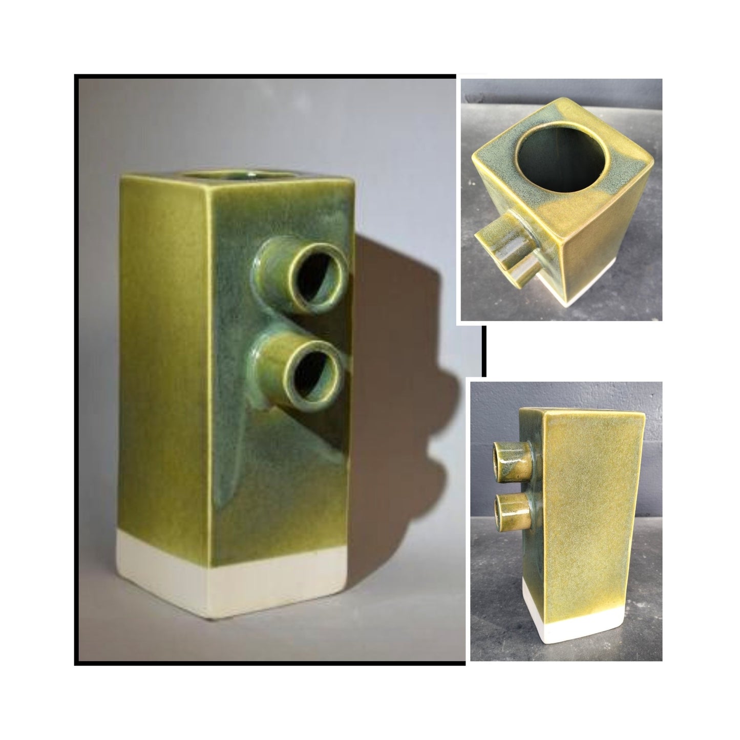 Olive green slab-built ceramic vase with two round protrusions and creamy porous base, handmade by Greg Melville.