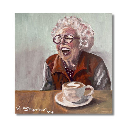 Gouache painting of a joyful elderly woman laughing over a coffee cup, by New Zealand artist Wendy Shipman
