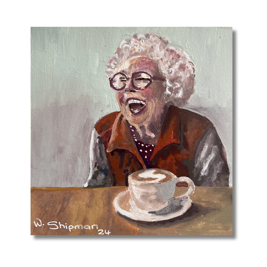 Gouache painting of a joyful elderly woman laughing over a coffee cup, by New Zealand artist Wendy Shipman
