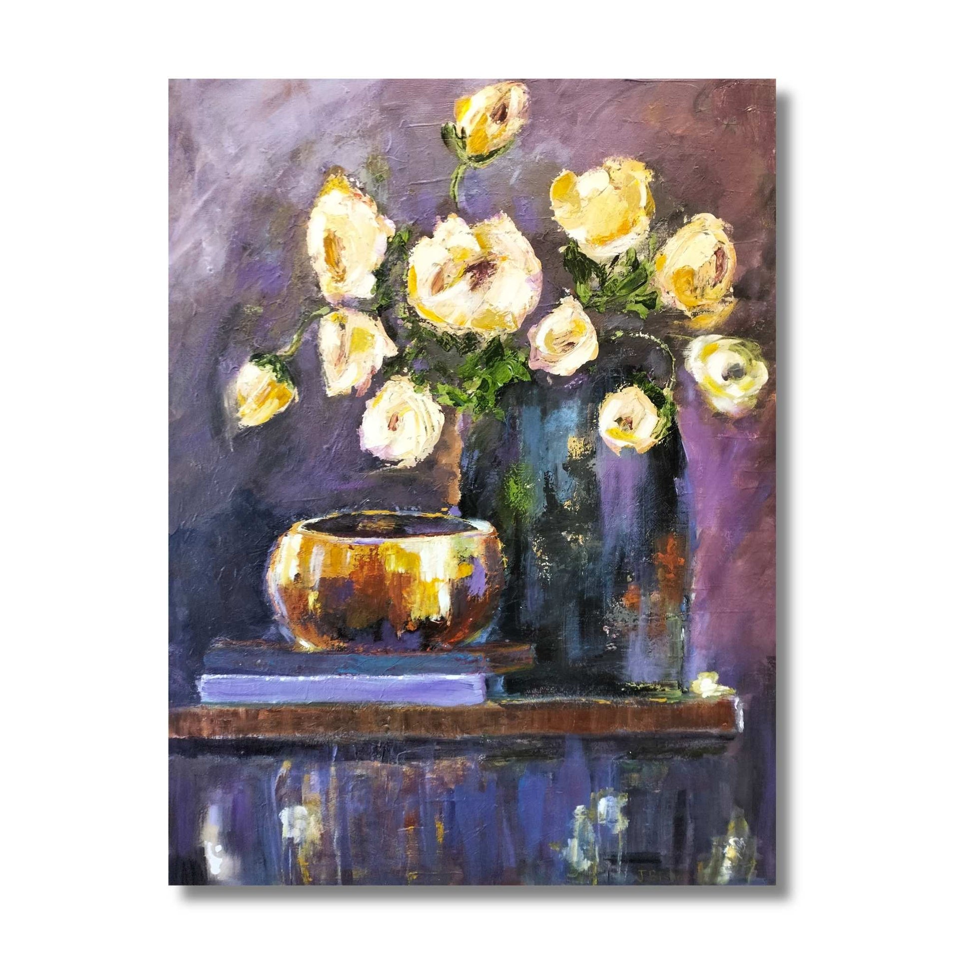 Moody floral still life by Jenny Bishop. White blooms in glass vases with golden bowl against rich purple background. Acrylic on canvas, 76 × 110cm. Atmospheric and dramatic.
