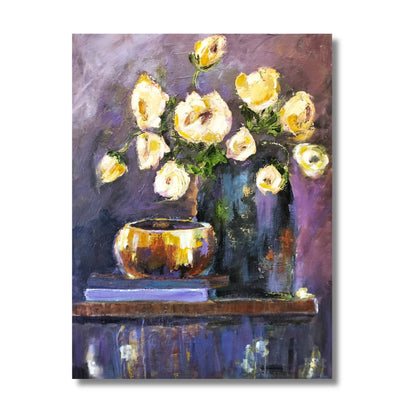 Moody floral still life by Jenny Bishop. White blooms in glass vases with golden bowl against rich purple background. Acrylic on canvas, 76 × 110cm. Atmospheric and dramatic.
